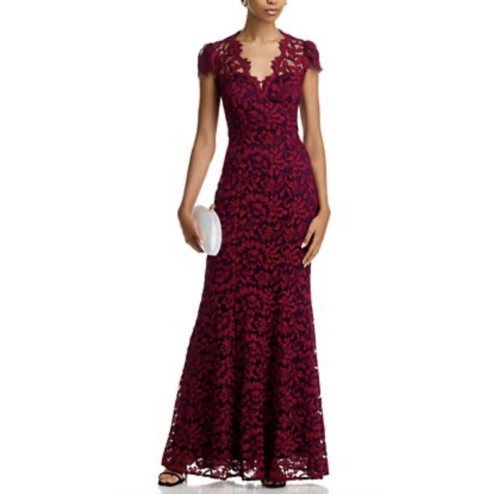 Eliza J Magenta Scalloped Lace Long Dress Gown Mother of The Bride Sz 4 Formal